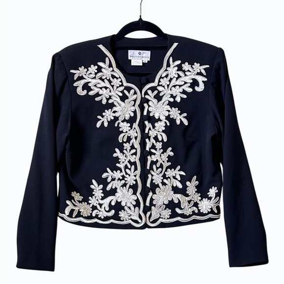 Vintage Saks Fifth Avenue Brocade Black and White Short Jacket Size 8 Old Money - Picture 2 of 14